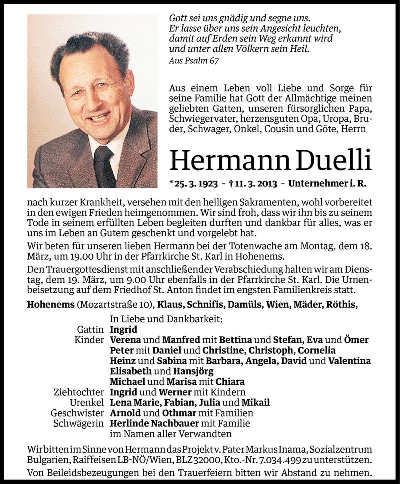  Todesanzeige für Hermann Duelli vom 14.03.2013 aus Vorarlberger Nachrichten