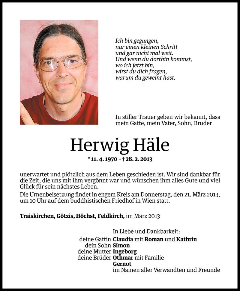  Todesanzeige für Herwig Häle vom 14.03.2013 aus Vorarlberger Nachrichten