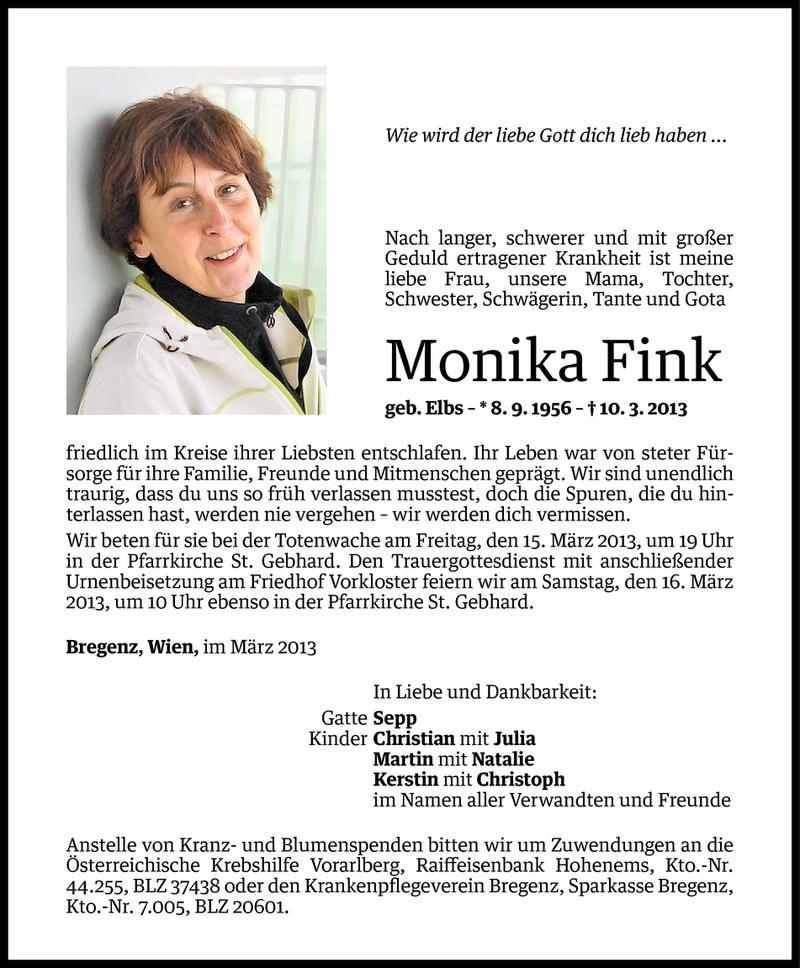  Todesanzeige für Monika Fink vom 13.03.2013 aus Vorarlberger Nachrichten