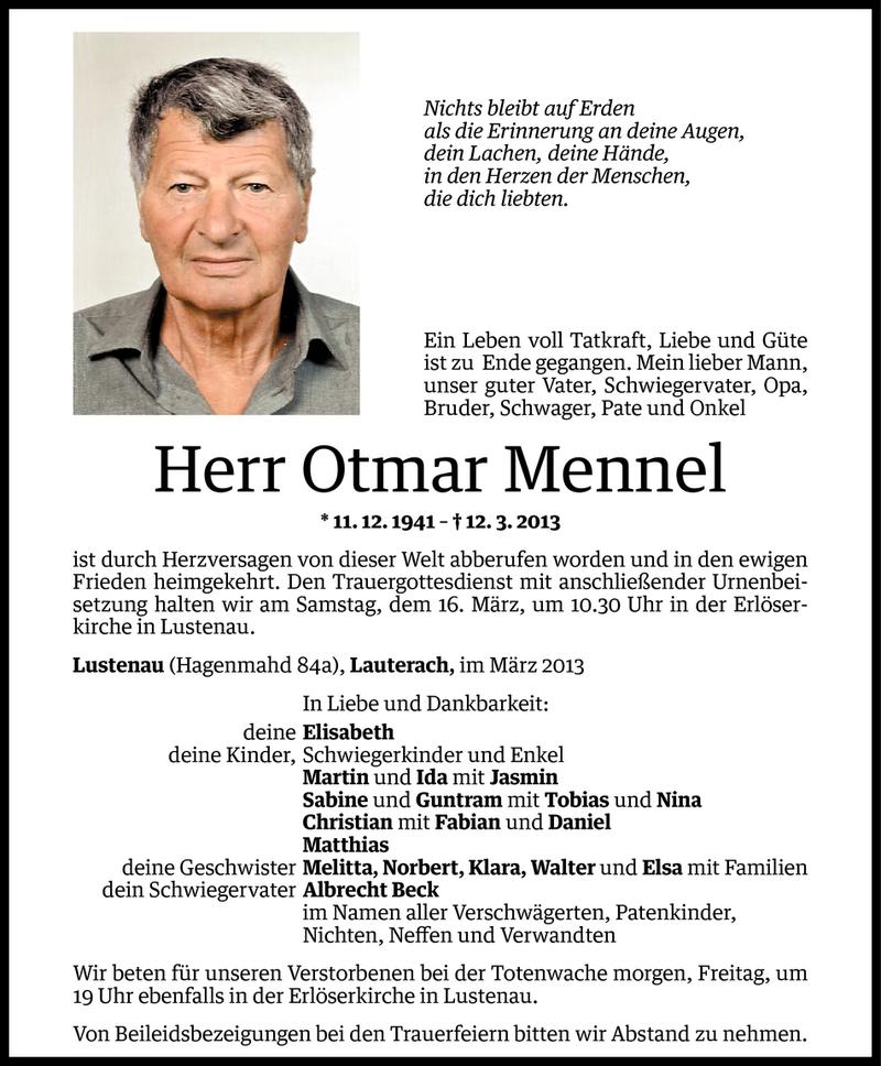  Todesanzeige für Otmar Mennel vom 13.03.2013 aus Vorarlberger Nachrichten