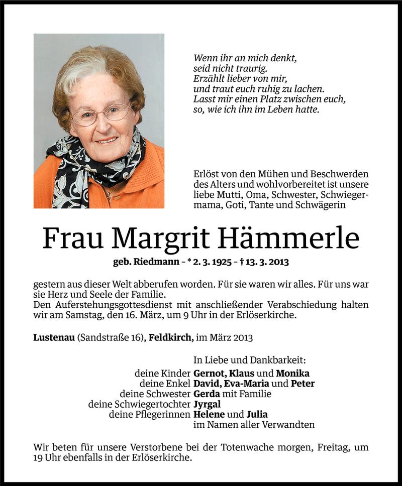  Todesanzeige für Margrit Hämmerle vom 13.03.2013 aus Vorarlberger Nachrichten