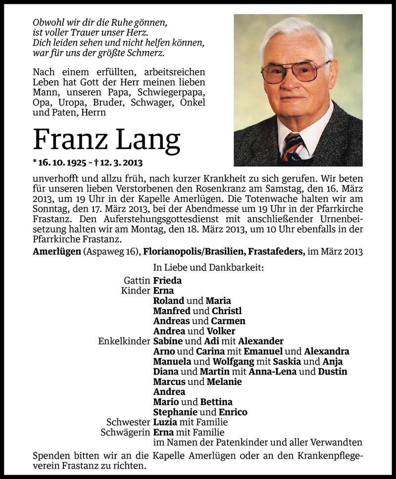  Todesanzeige für Franz Lang vom 14.03.2013 aus Vorarlberger Nachrichten