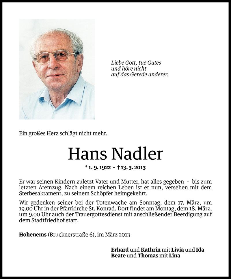  Todesanzeige für Hans Nadler vom 15.03.2013 aus Vorarlberger Nachrichten
