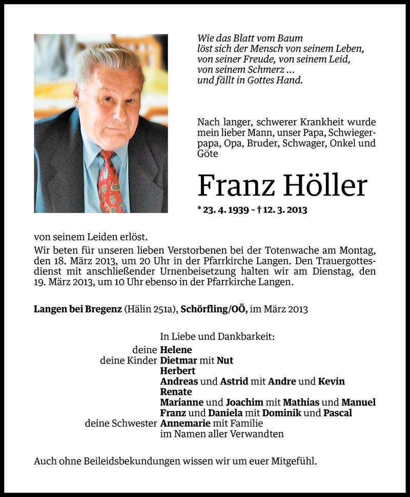  Todesanzeige für Franz Höller vom 15.03.2013 aus Vorarlberger Nachrichten