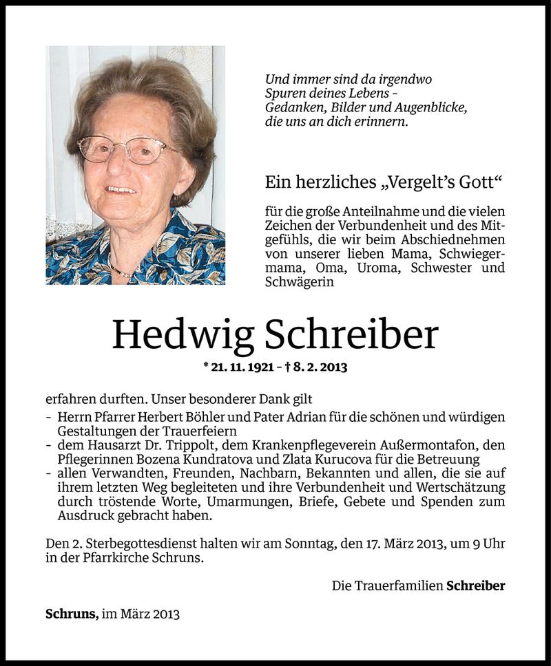  Todesanzeige für Hedwig Schreiber vom 15.03.2013 aus Vorarlberger Nachrichten