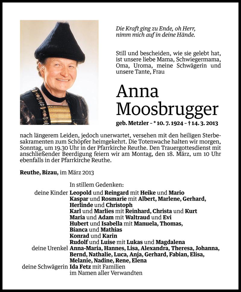  Todesanzeige für Anna Moosbrugger vom 15.03.2013 aus Vorarlberger Nachrichten