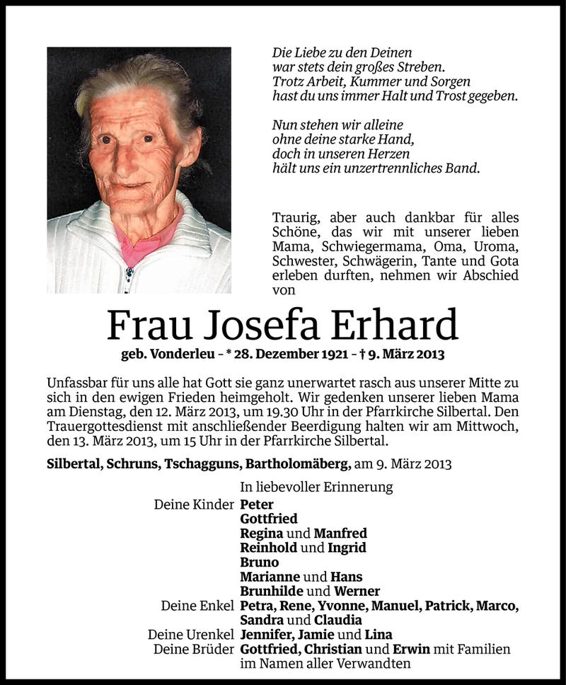  Todesanzeige für Josefa Erhard vom 10.03.2013 aus Vorarlberger Nachrichten