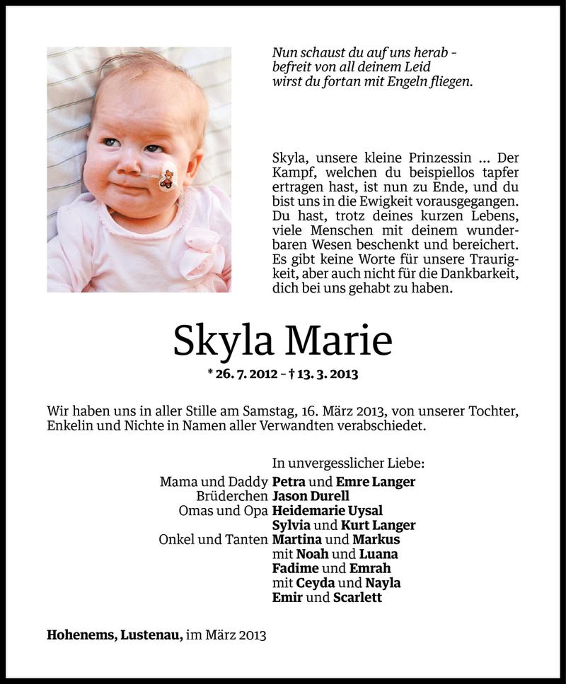  Todesanzeige für Skyla Marie Langer vom 18.03.2013 aus Vorarlberger Nachrichten