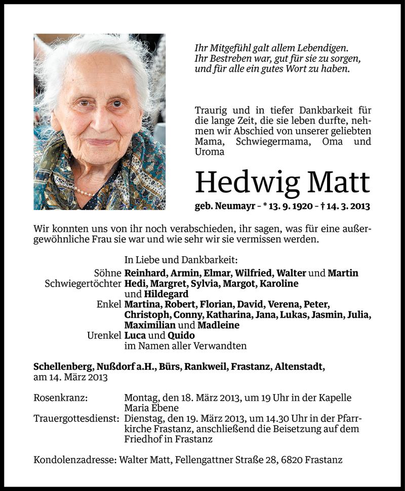  Todesanzeige für Hedwig Matt vom 15.03.2013 aus Vorarlberger Nachrichten