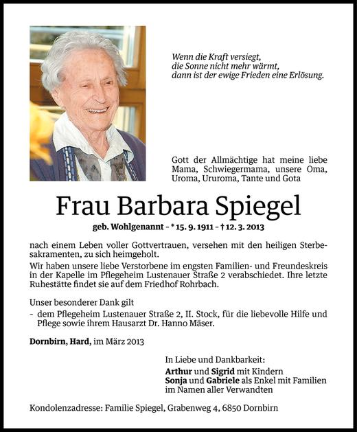 Todesanzeige von Barbara Spiegel von Vorarlberger Nachrichten