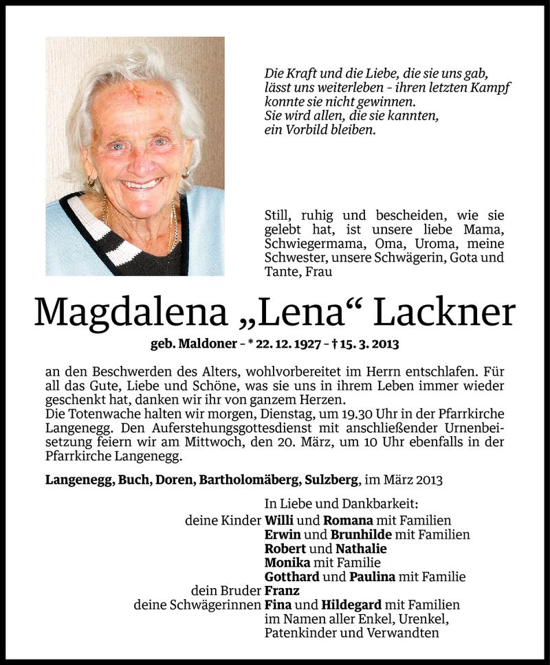  Todesanzeige für Magdalena Lackner vom 17.03.2013 aus Vorarlberger Nachrichten