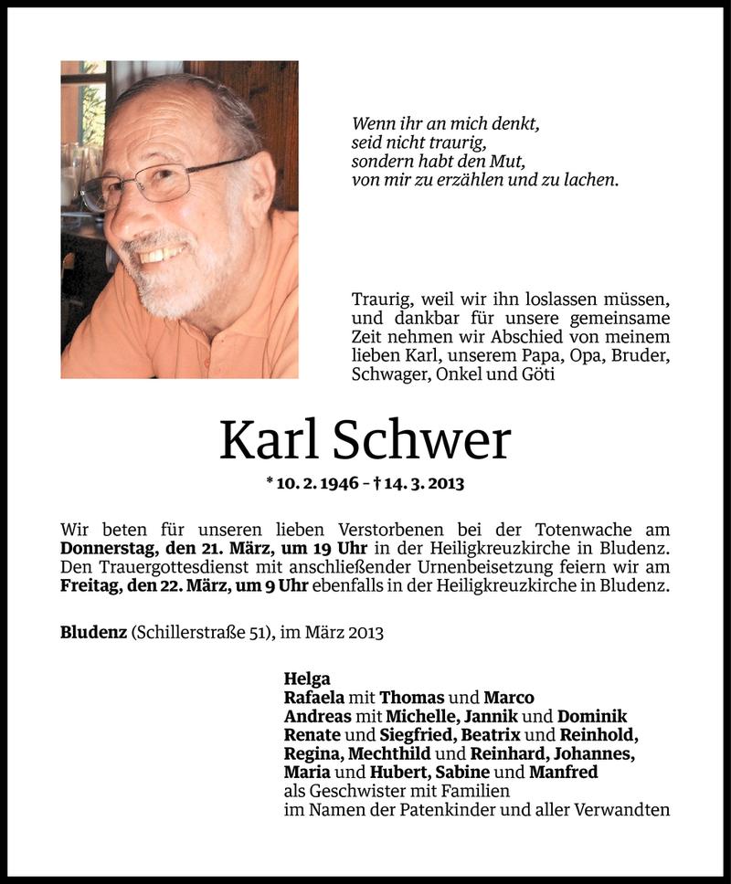  Todesanzeige für Karl Schwer vom 18.03.2013 aus Vorarlberger Nachrichten