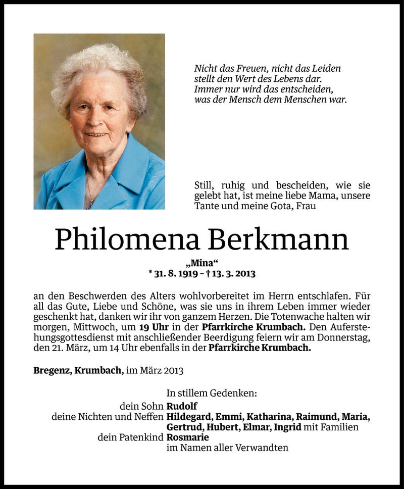  Todesanzeige für Philomena Berkmann vom 18.03.2013 aus Vorarlberger Nachrichten