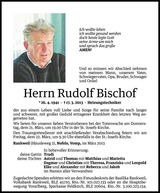 Todesanzeige von Rudolf Bischof von Vorarlberger Nachrichten