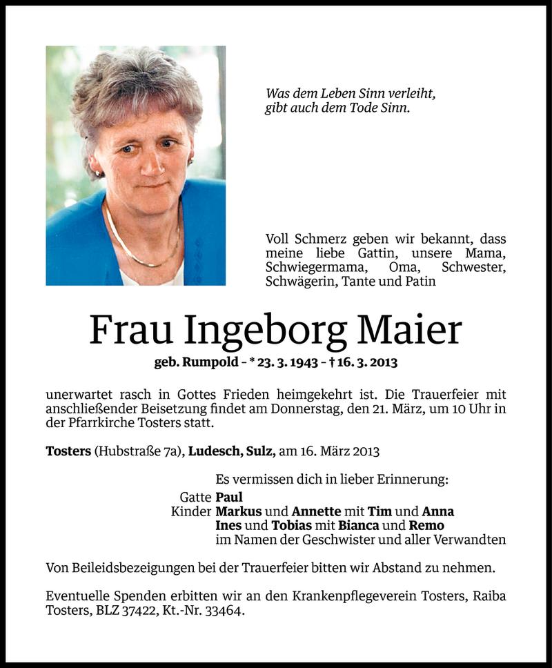  Todesanzeige für Ingeborg Maier vom 18.03.2013 aus Vorarlberger Nachrichten