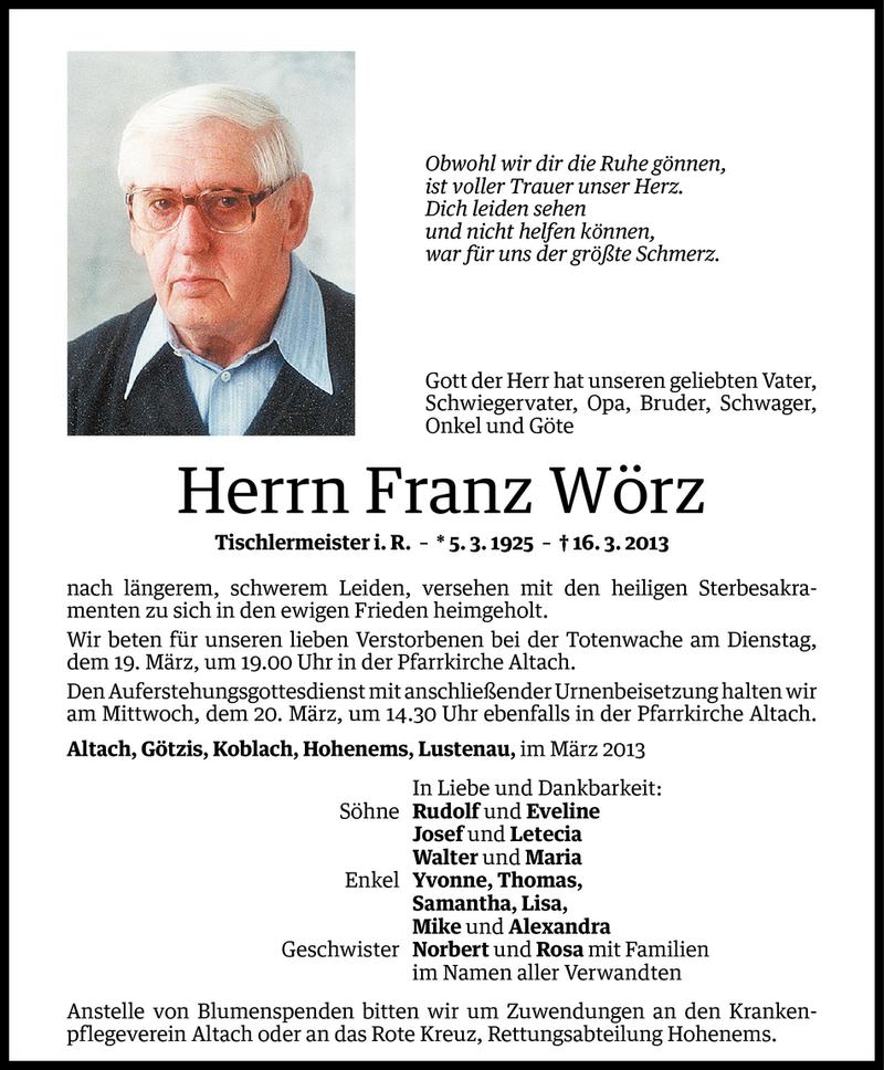  Todesanzeige für Franz Wörz vom 18.03.2013 aus Vorarlberger Nachrichten