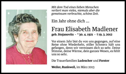 Todesanzeige von Elisabeth Madlener von Vorarlberger Nachrichten