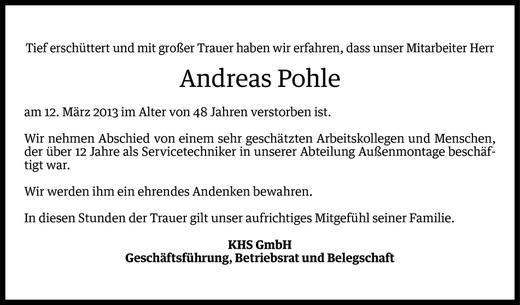 Todesanzeige von Andreas Pohle von Vorarlberger Nachrichten