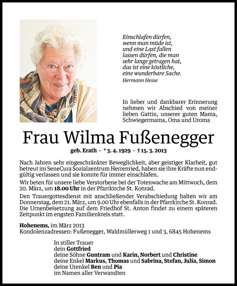  Todesanzeige für Wilma Fußenegger vom 18.03.2013 aus Vorarlberger Nachrichten