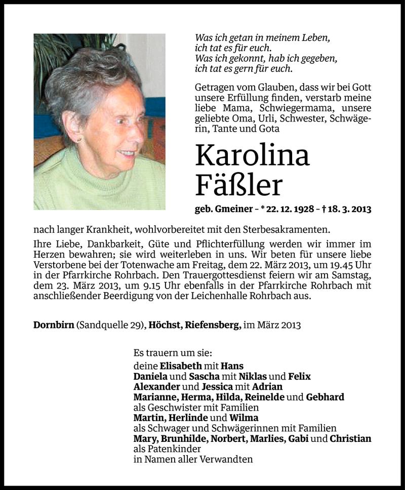  Todesanzeige für Karolina Fäßler vom 19.03.2013 aus Vorarlberger Nachrichten