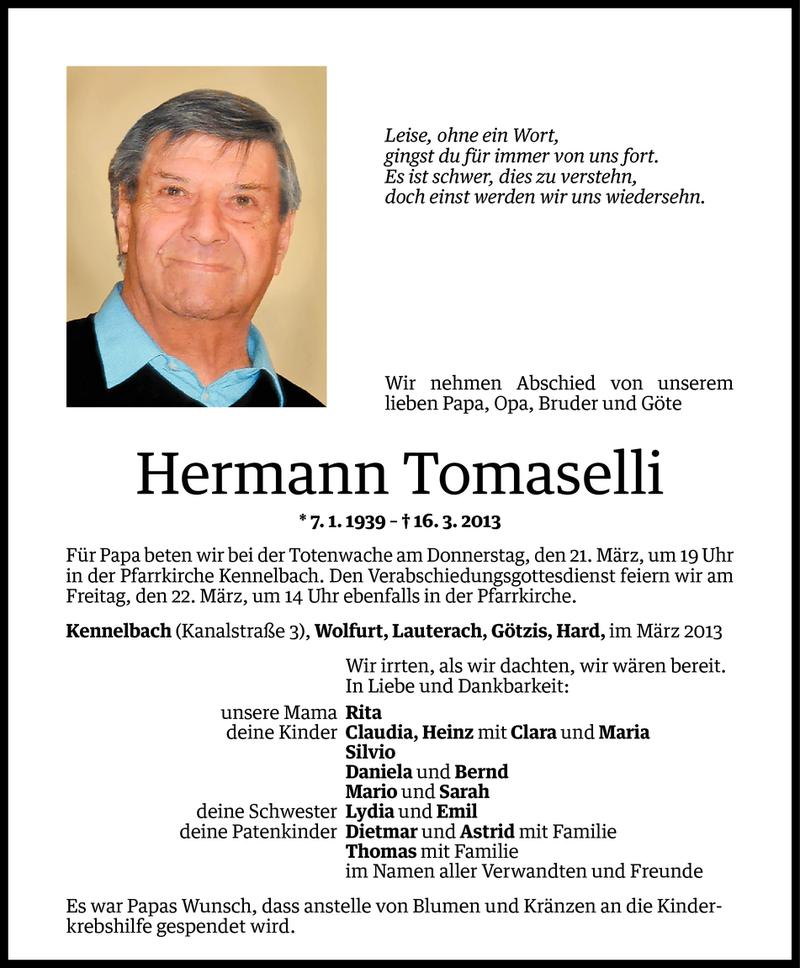  Todesanzeige für Hermann Tomaselli vom 19.03.2013 aus Vorarlberger Nachrichten