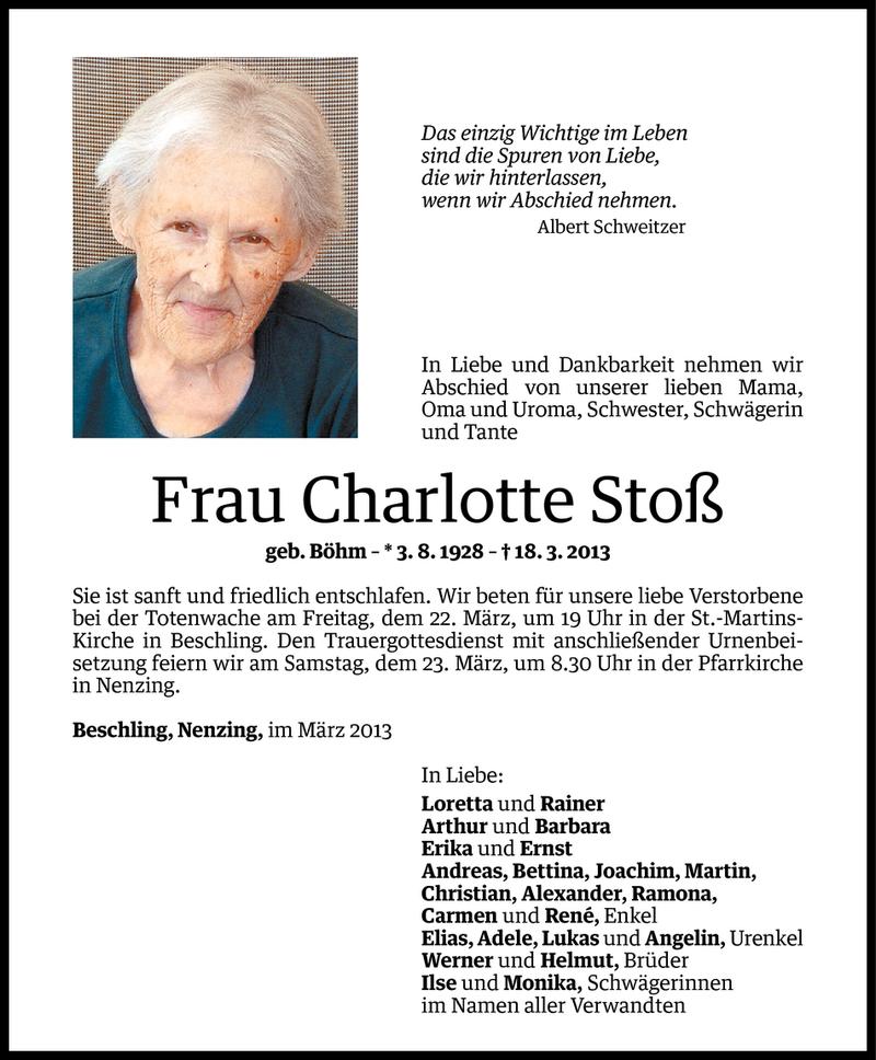  Todesanzeige für Charlotte Stoß vom 20.03.2013 aus Vorarlberger Nachrichten