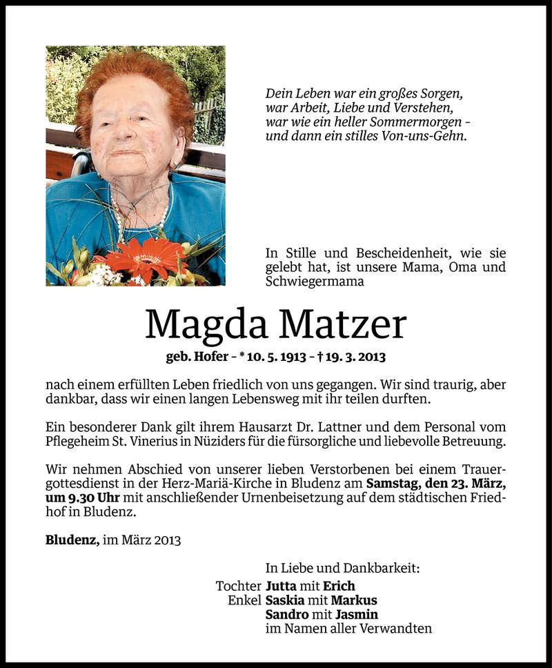  Todesanzeige für Magda Matzer vom 20.03.2013 aus Vorarlberger Nachrichten