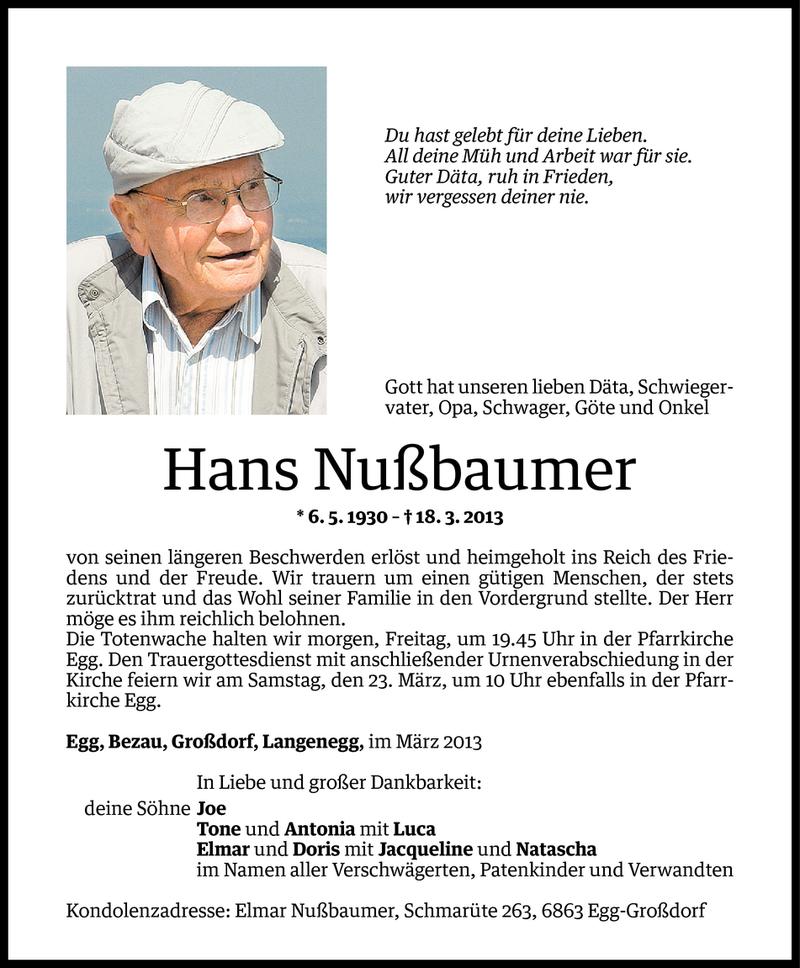  Todesanzeige für Hans Nußbaumer vom 20.03.2013 aus Vorarlberger Nachrichten