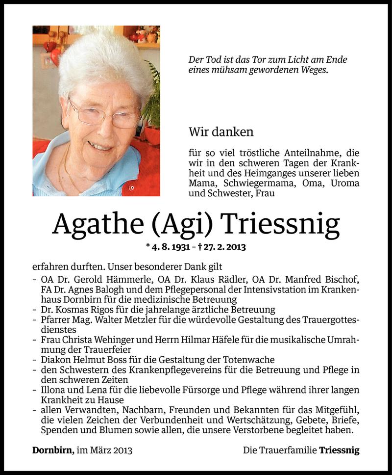  Todesanzeige für Agathe (Agi) Triessnig vom 20.03.2013 aus Vorarlberger Nachrichten