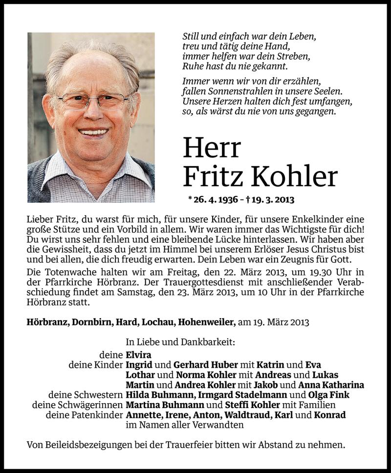  Todesanzeige für Fritz Kohler vom 20.03.2013 aus Vorarlberger Nachrichten