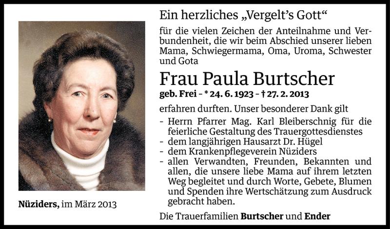  Todesanzeige für Paula Burtscher vom 26.03.2013 aus Vorarlberger Nachrichten