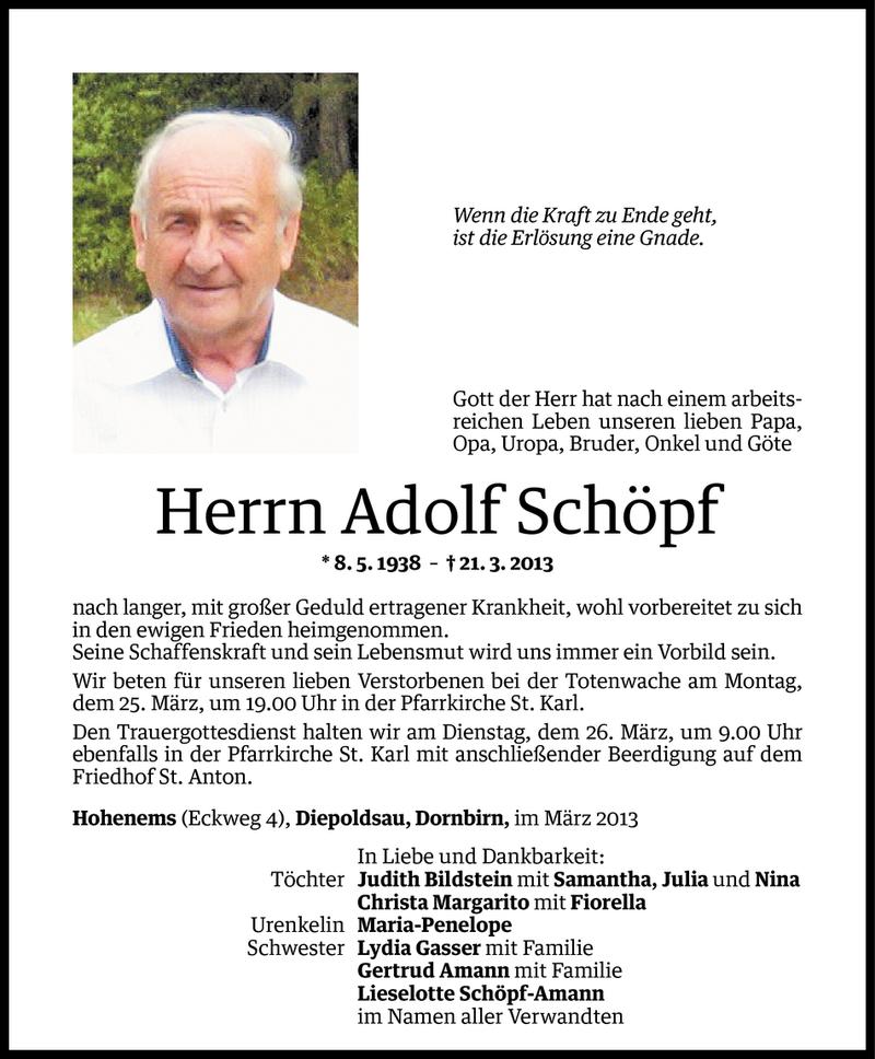  Todesanzeige für Adolf Schöpf vom 22.03.2013 aus Vorarlberger Nachrichten