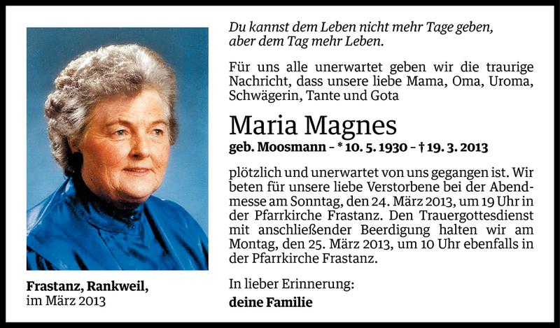  Todesanzeige für Maria Magnes vom 22.03.2013 aus Vorarlberger Nachrichten