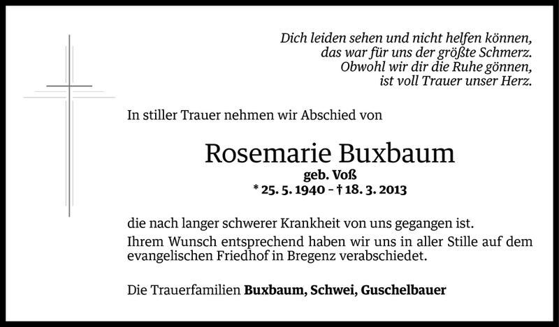  Todesanzeige für Rosemarie Buxbaum vom 23.03.2013 aus Vorarlberger Nachrichten