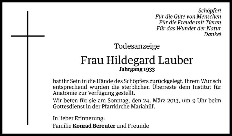  Todesanzeige für Hildegard Lauber vom 22.03.2013 aus Vorarlberger Nachrichten