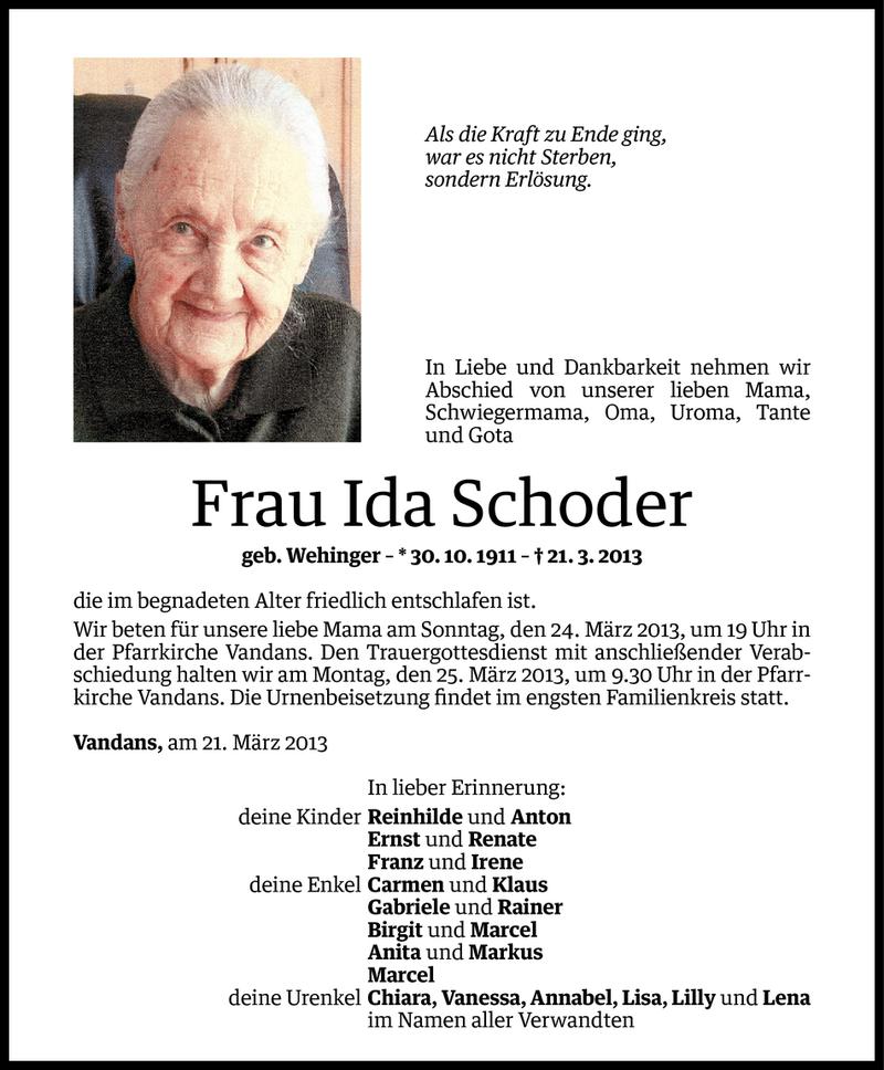  Todesanzeige für Ida Schoder vom 22.03.2013 aus Vorarlberger Nachrichten