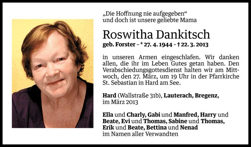  Todesanzeige für Roswitha Dankitsch vom 24.03.2013 aus Vorarlberger Nachrichten