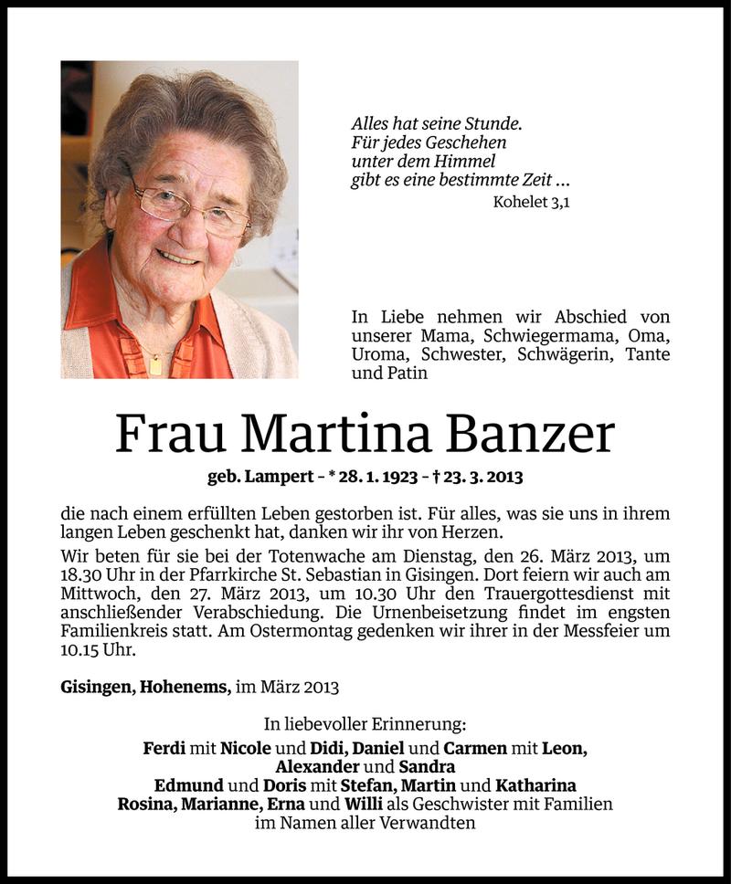  Todesanzeige für Martina Banzer vom 24.03.2013 aus Vorarlberger Nachrichten