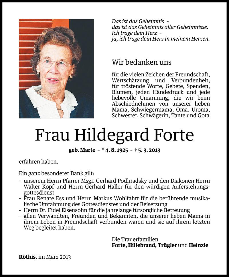  Todesanzeige für Hildegard Forte vom 28.03.2013 aus Vorarlberger Nachrichten