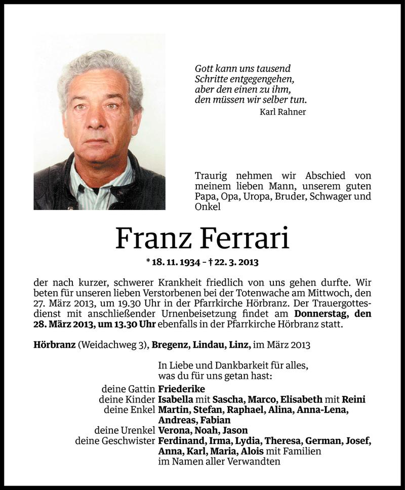  Todesanzeige für Franz Ferrari vom 25.03.2013 aus Vorarlberger Nachrichten