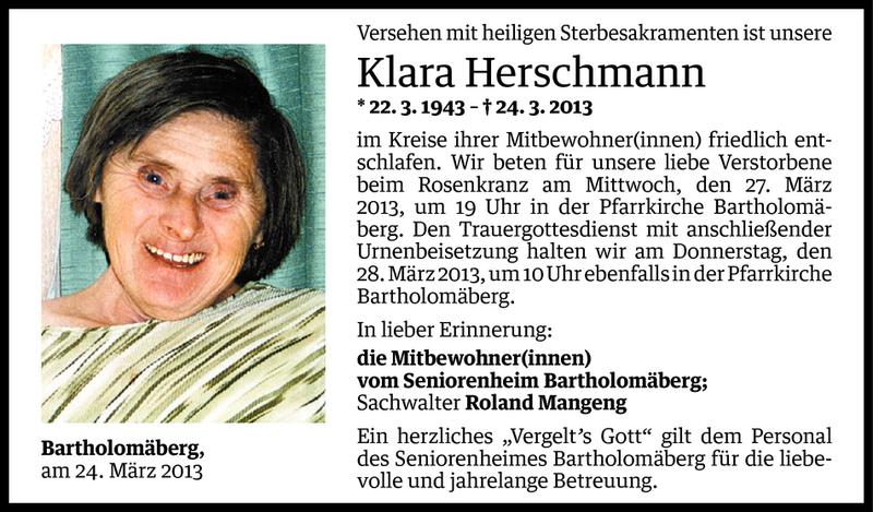  Todesanzeige für Klara Herschmann vom 25.03.2013 aus Vorarlberger Nachrichten