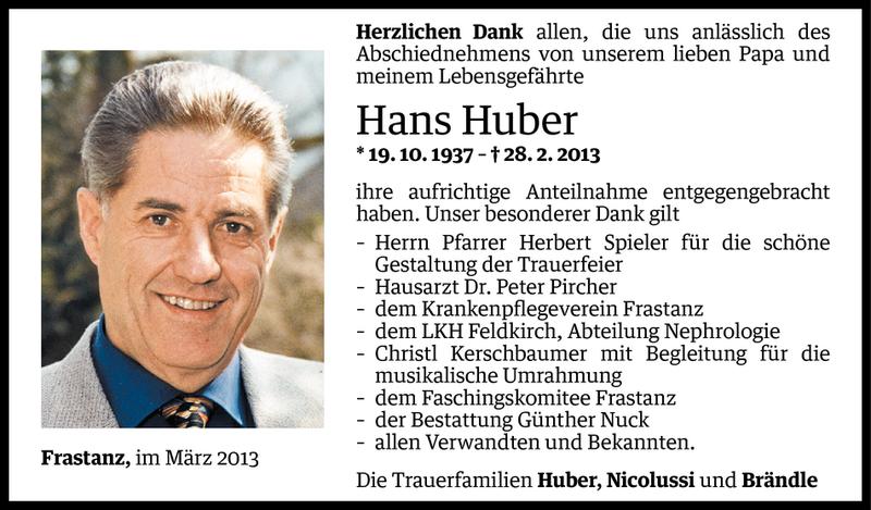  Todesanzeige für Hans Huber vom 26.03.2013 aus Vorarlberger Nachrichten