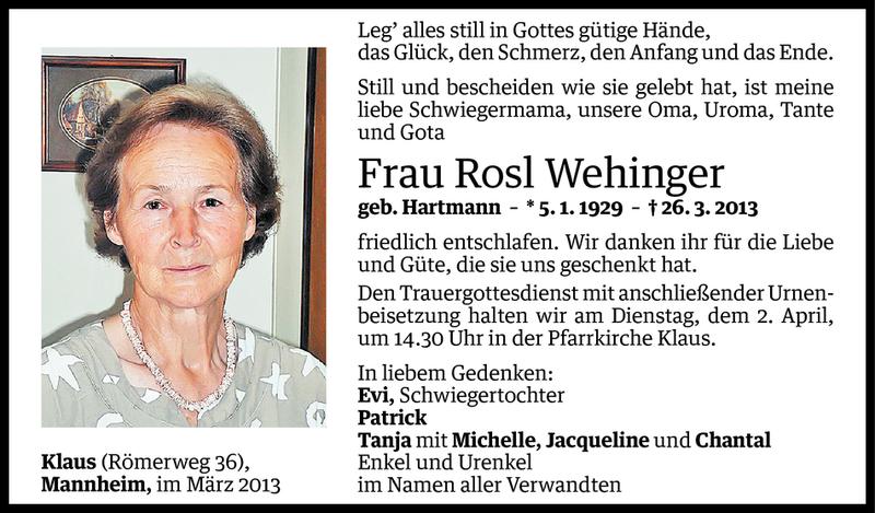  Todesanzeige für Rosl Wehinger vom 29.03.2013 aus Vorarlberger Nachrichten