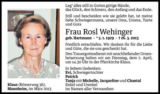Todesanzeige von Rosl Wehinger von Vorarlberger Nachrichten