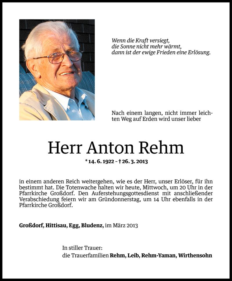  Todesanzeige für Anton Rehm vom 26.03.2013 aus Vorarlberger Nachrichten