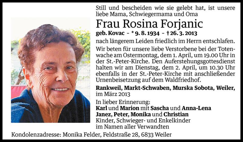  Todesanzeige für Rosina Forjanic vom 27.03.2013 aus Vorarlberger Nachrichten