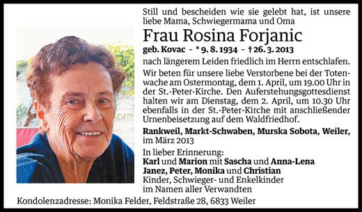 Todesanzeige von Rosina Forjanic von Vorarlberger Nachrichten