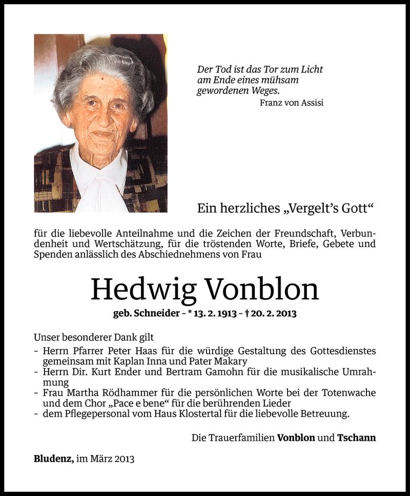  Todesanzeige für Hedwig Vonblon vom 27.03.2013 aus Vorarlberger Nachrichten