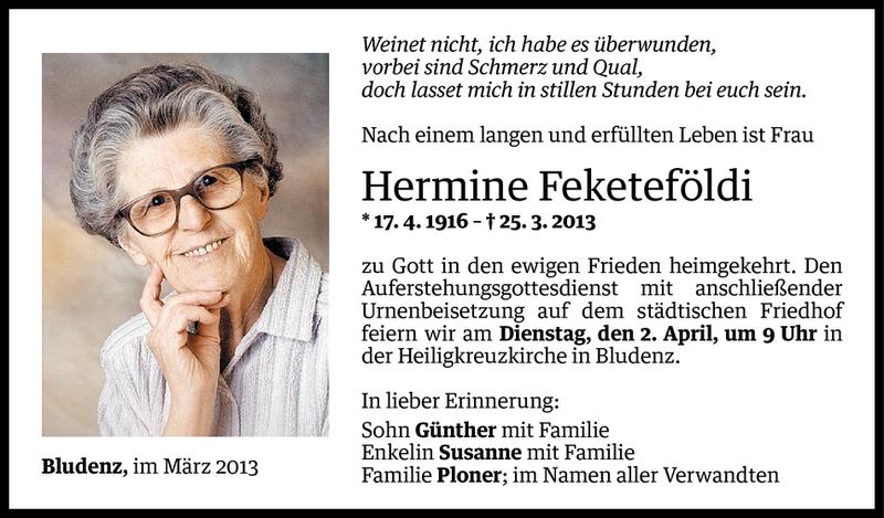  Todesanzeige für Hermine Feketeföldi vom 28.03.2013 aus Vorarlberger Nachrichten