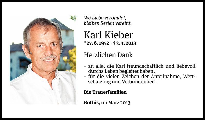  Todesanzeige für Karl Kieber vom 28.03.2013 aus Vorarlberger Nachrichten